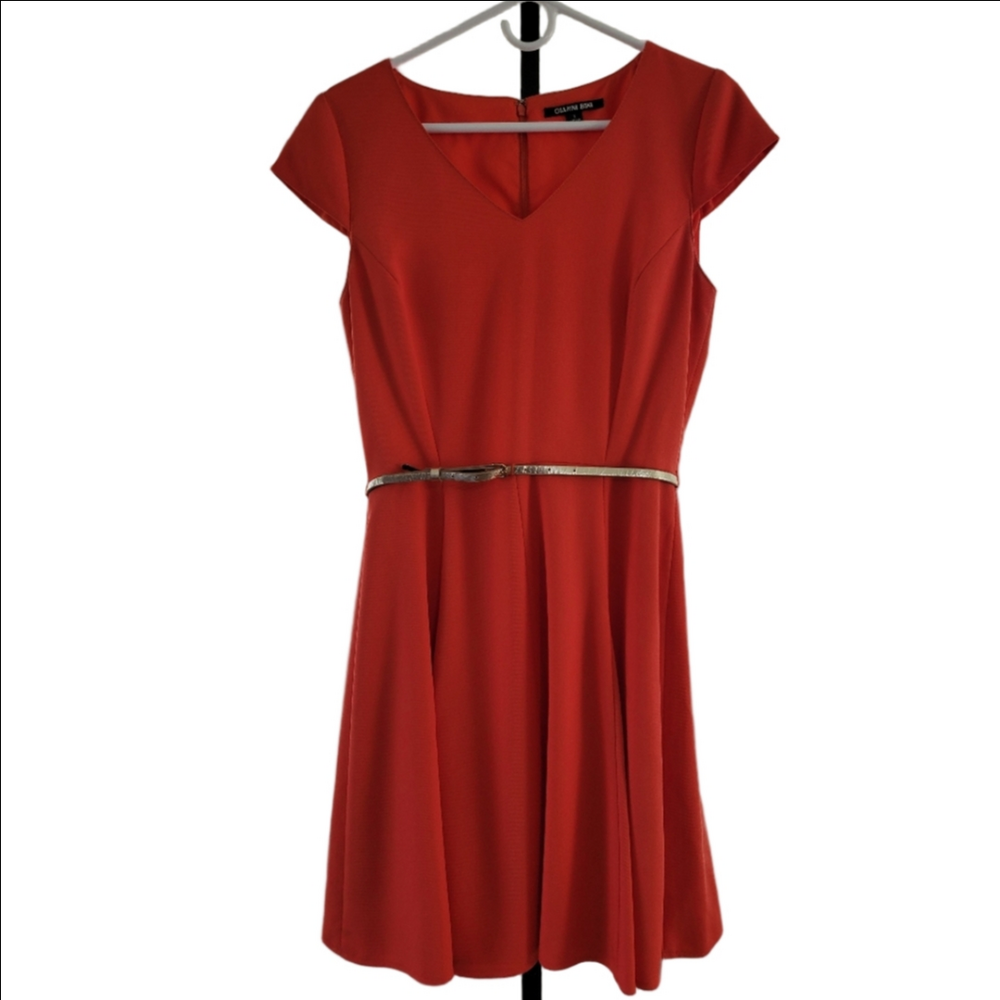 Gianni Bini Orange Fit & Flare Dress Gold Belt Cap Sleeve Size 6 - Picture 4 of 16